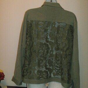 NEW Romantic Sage Green Lace Back Button Front Classic Jacket with Pockets sz L